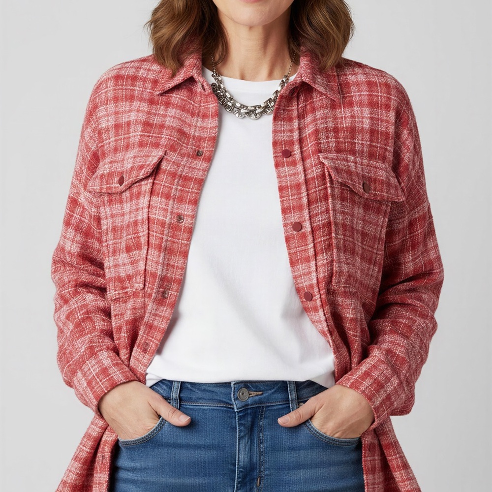 Zara Red/Pink Plaid Snap Button‎ Bouclé Fabric Shacket - S